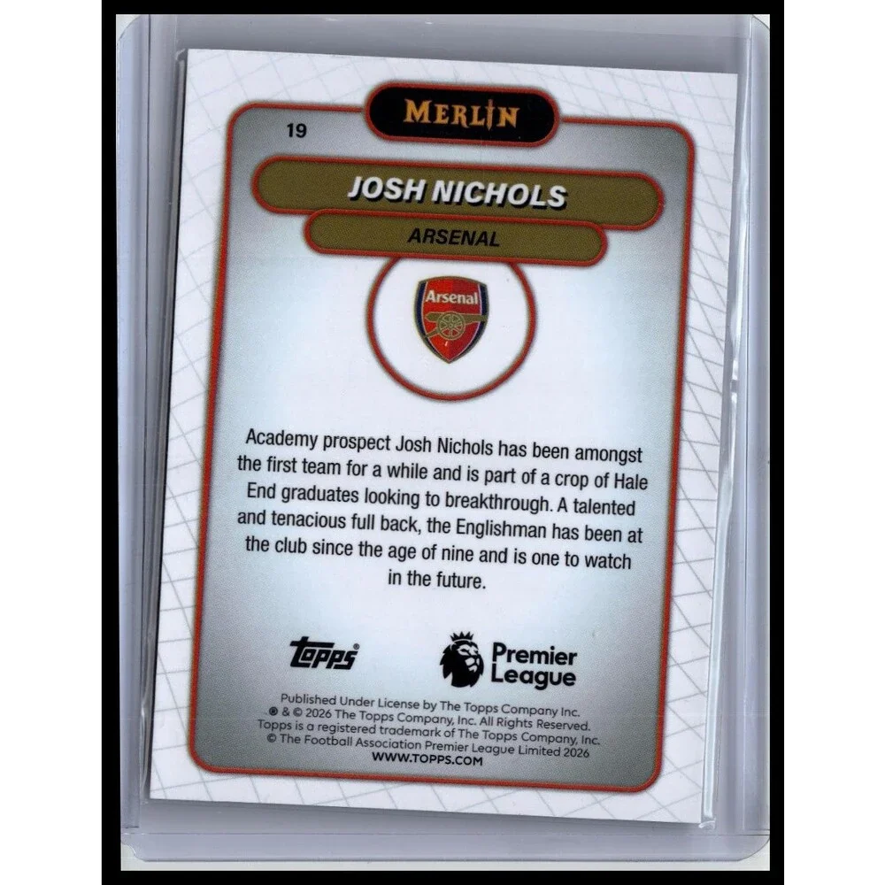 2026 Merlin Premier League Josh Nichols #19 Arsenal FC Mojo Refractor Rookie